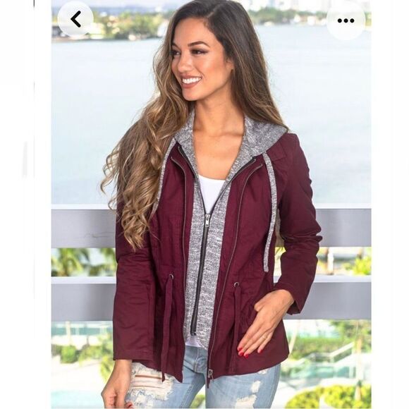 Love Tree Sz M Gorgeous Hooded Double Zip Burgundy/ Grey Utility Hoodie Jacket - Picture 1 of 12
